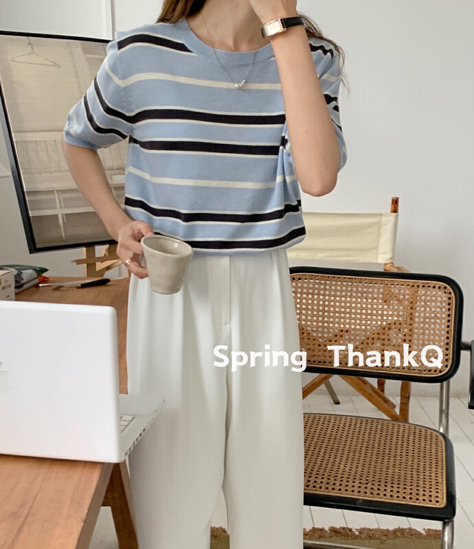 [thankq] round neck Short Sleeve Striped T-shirt ys1-21251# zjy