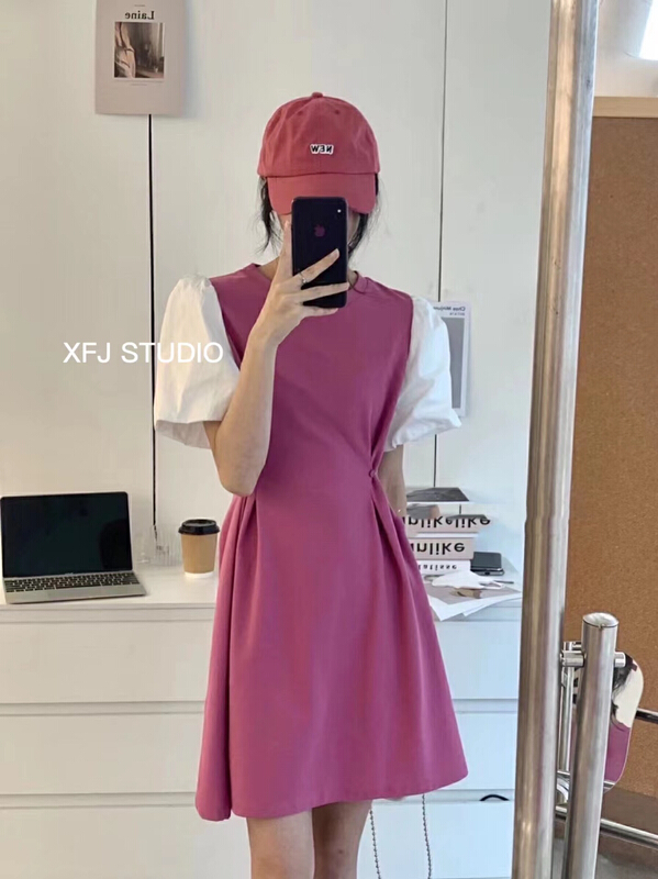 [Xiaofan's family] Korean minority retro girlfriends bubble sleeve color matching dress 6163# LSW