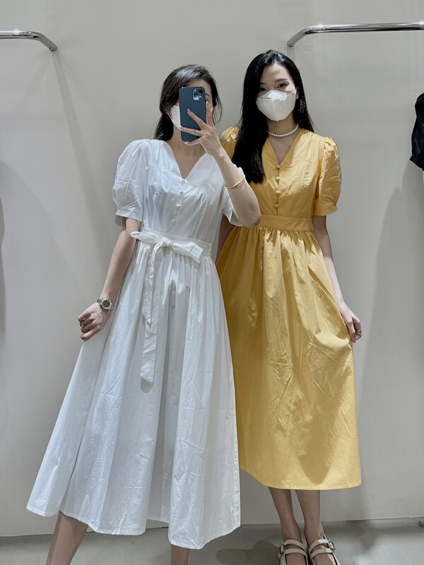goods in stock! [from. V] Korean V-neck waist closing bubble sleeve dress 1109-1# ll