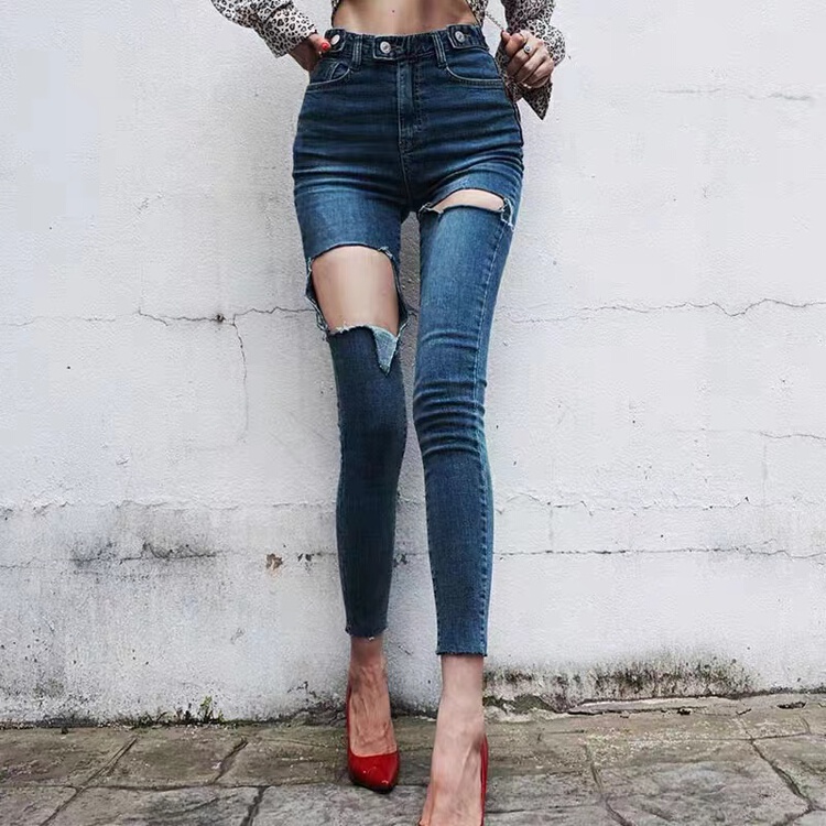 [x2 Fansi feather] high waist elastic, thin and perforated jeans 6115# WTT