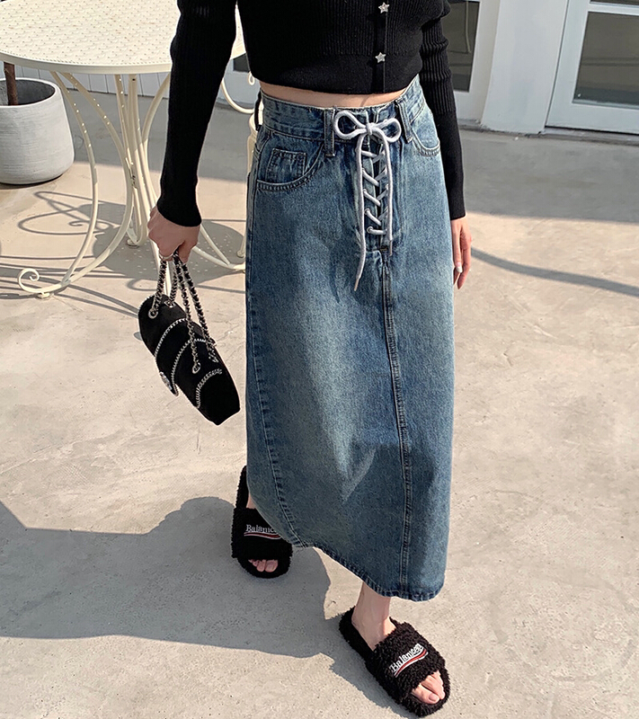 New year in early spring! [timely rain] Han Feng ins retro design high waist denim skirt 05781# jhy