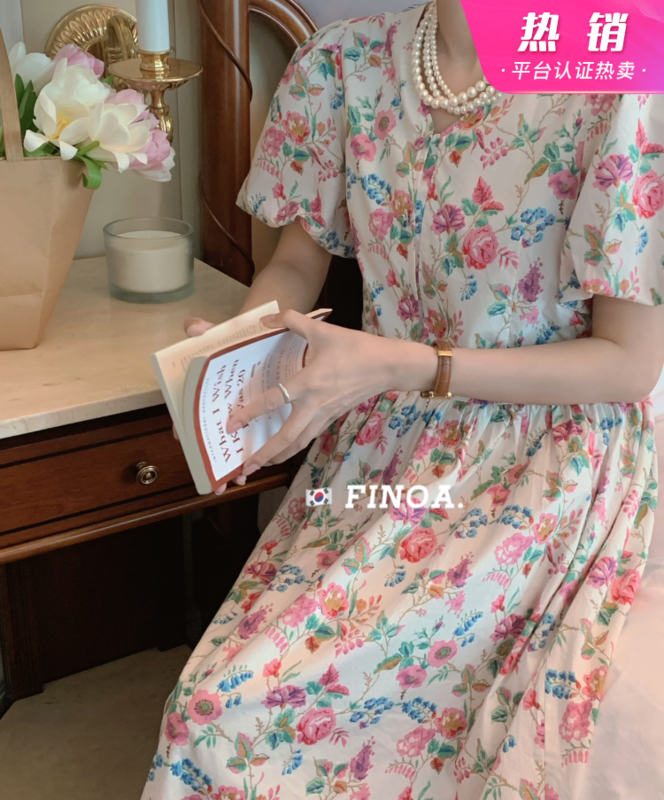 [finoa] Korean casual fashion floral V-neck dress 10460# CLS