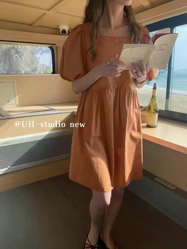 goods in stock! New in early summer! [uh] Korean style square neck bubble sleeve dress 7729# hjy