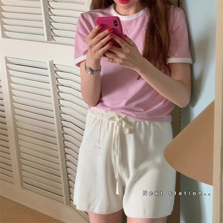 [next station] Korean color contrast edge comfortable short sleeve T-shirt 22160# ZSY