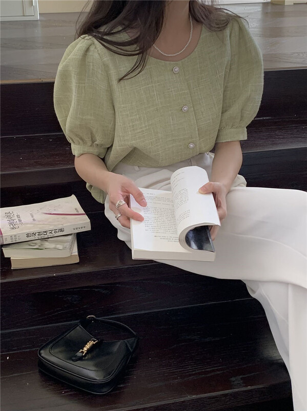 [Gabrielle] round neck single breasted bubble sleeve blouse b2260# zxl