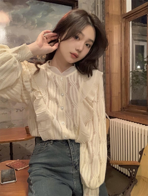 New year in early spring! [timely rain] Han Feng ins slim and sweet lace stitched Ruffle shirt as2155# YYW