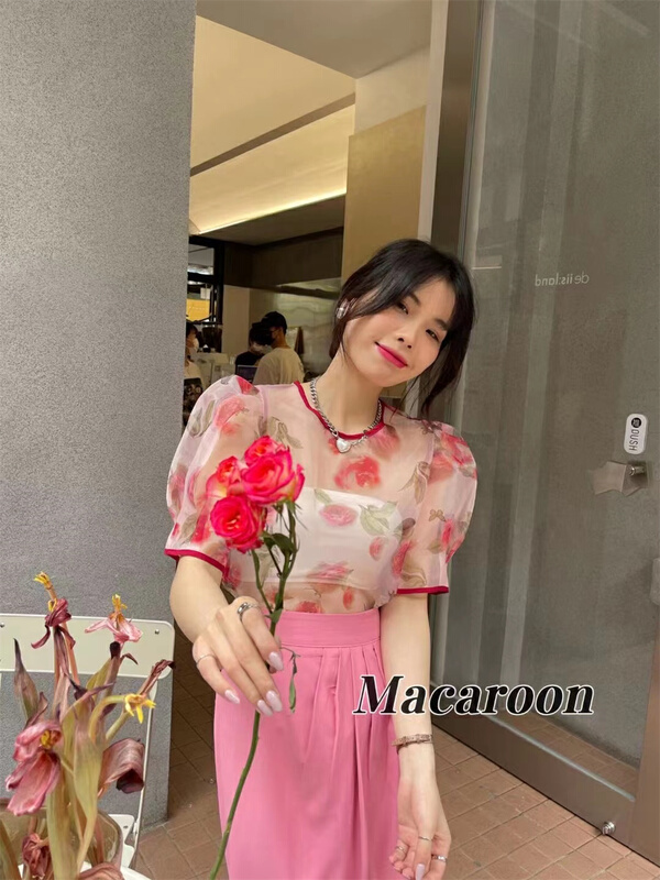 goods in stock! New in early summer! [macaroon] Vintage printed bubble sleeve temperament blouse (with suspender) 7756# PCZ
