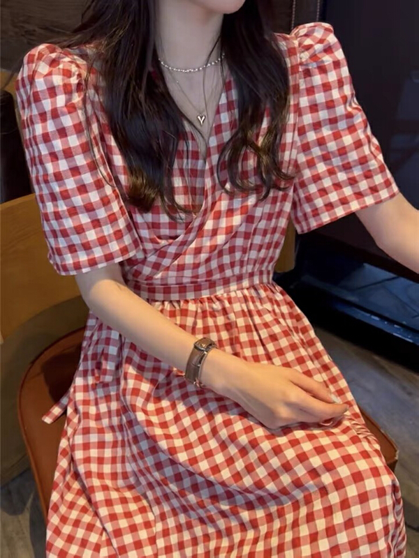 [Kiki studio] Vintage Plaid V-neck slim dress 5864# hjy