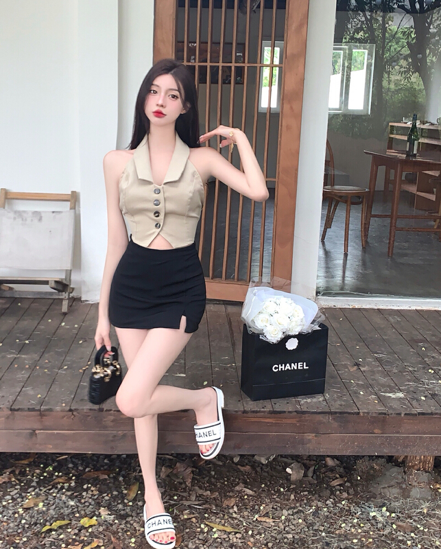 [Doudou family] solid color slim fit backless V-neck Top + high waist A-line skirt suit 88292# CLS