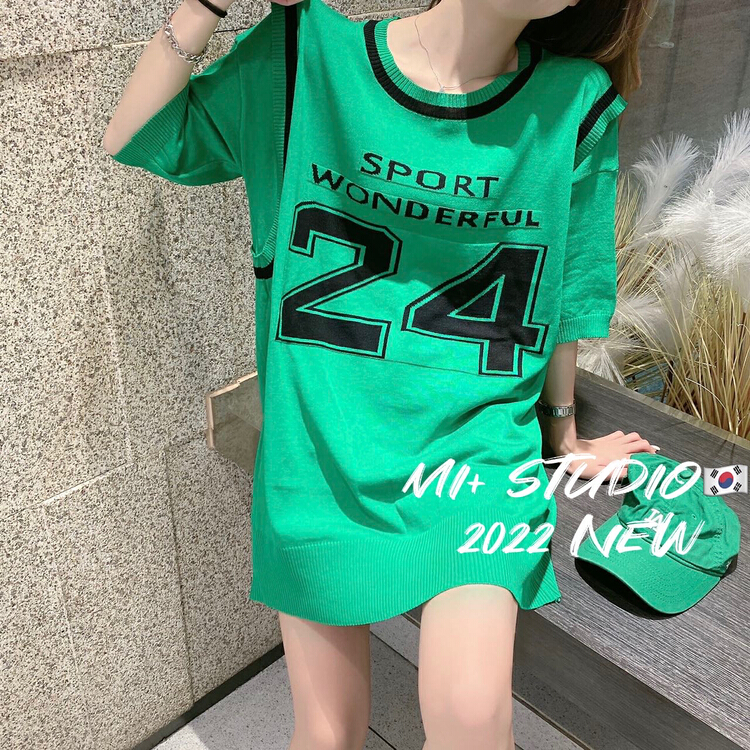 New in early summer! [Mi +] fake two-piece knitted short sleeved sweater 2095# ozq