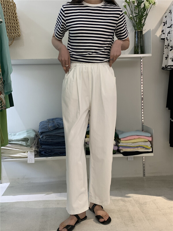 [emoni] Japanese versatile waist tightening solid color casual pants (only casual pants) 24181# CLS