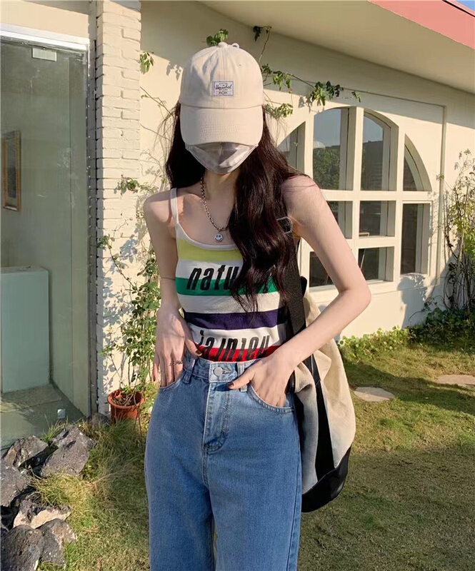 goods in stock! [Bingbing] net red rainbow letter knitted vest / sling 8125-1# ozq