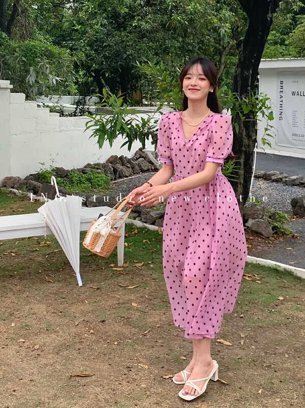[ing] sweet aging fungus edge V-neck lace up polka dot dress 9005# HBx