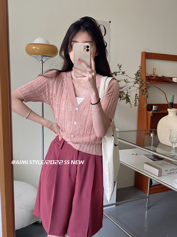 [aimistyle] Korean version versatile V-neck short sleeve knitted cardigan 9330# HBx