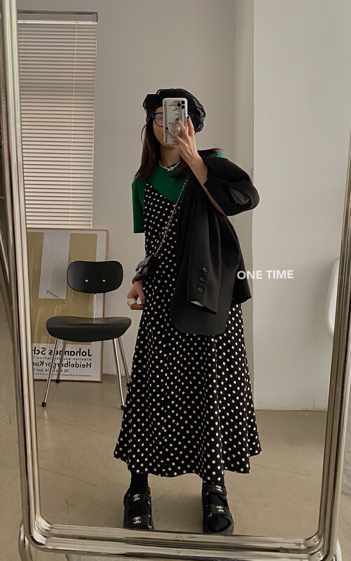 goods in stock! New year in early spring! [one time] Vintage wave point suspender dress 29119# CLS