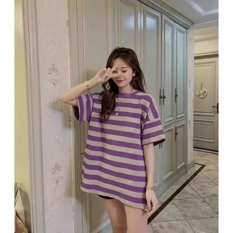 [h · l] Korean personalized stripe loose short sleeve T-shirt 8523# PCZ
