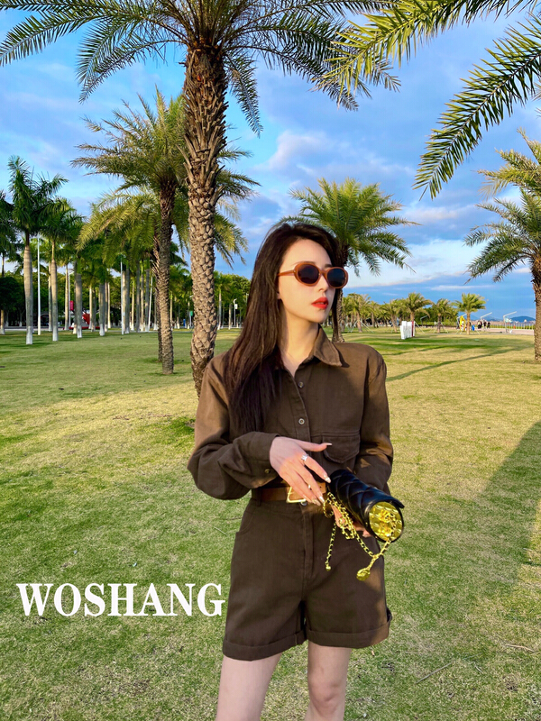 [woshang woshang] Korean version versatile loose shirt + net red retro chic western style cow suit (with belt) 1076# XYJ