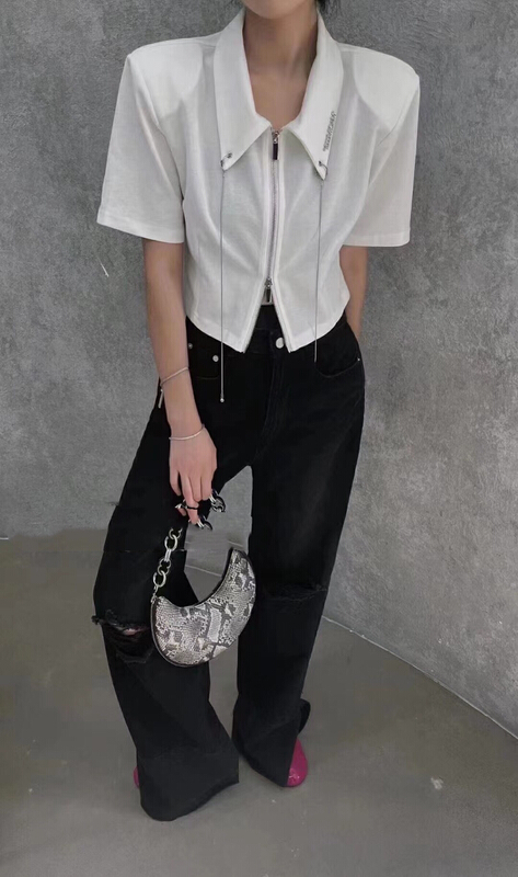 [FF. Studio] chain polo collar versatile fashion short sleeve T-shirt (with Brooch) 7787# ozq