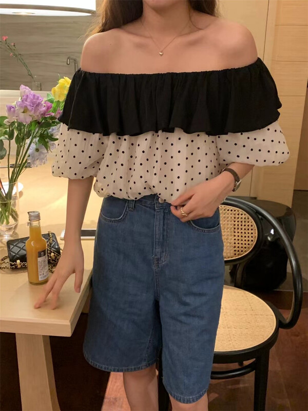 [Sicily] one shoulder color blocking Dot Shirt 3218# XJ