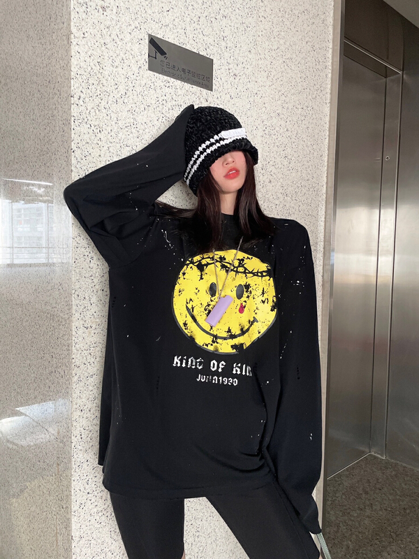 [Nancy] destroy the old style smiling face print round neck long sleeve T-shirt bs8665# WPL