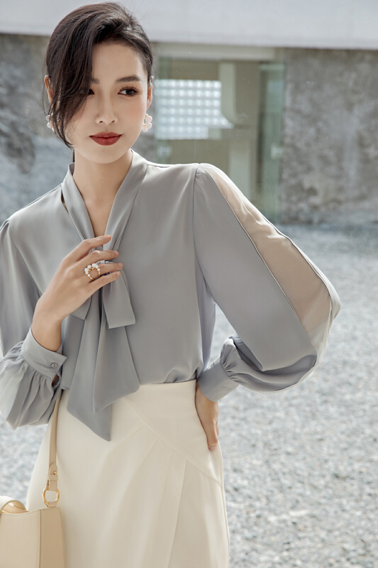 [style] acetate Satin cuffs special stitching shirt 7987# JJ