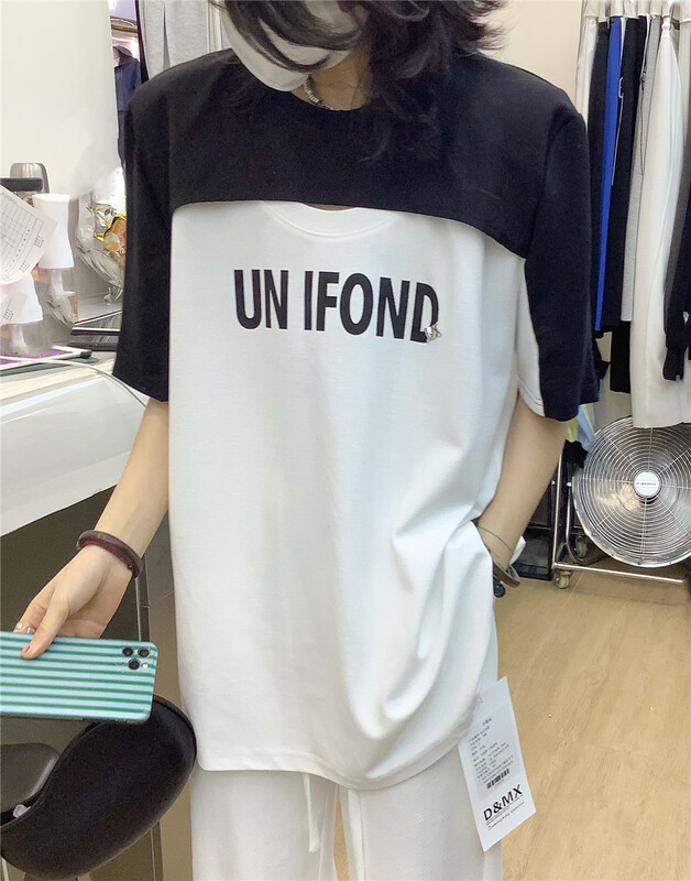 [DMX] hollow letter comfortable short sleeve T-shirt a2218# L