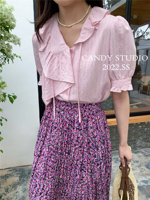 goods in stock! [candy] Korean version Ruffle edge button up bubble sleeve shirt (excluding lower garment) b8159# ZSY