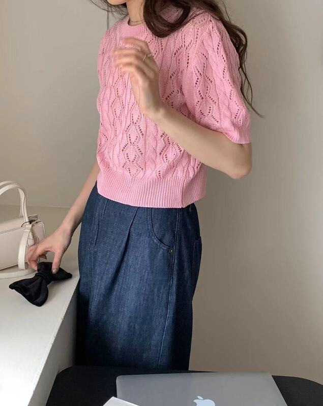 [bluepops] simple knitted needle leakage hollow out sweater a2289# zxl