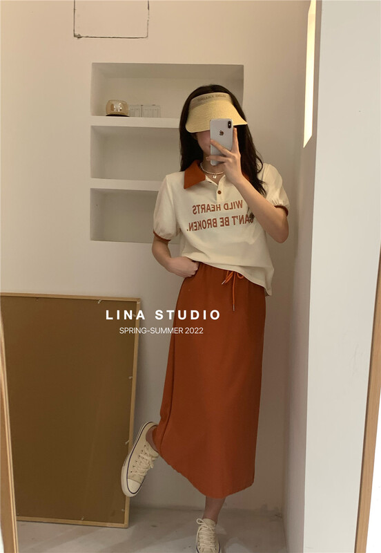 [Lina] polo collar contrast letter short sleeve T-shirt + elastic waist skirt set 8940# zxx