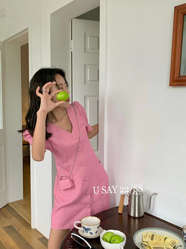 New in early summer! [u say] Korean style custom plaid pattern bubble sleeve dress (with waist bag) 65796# LSL
