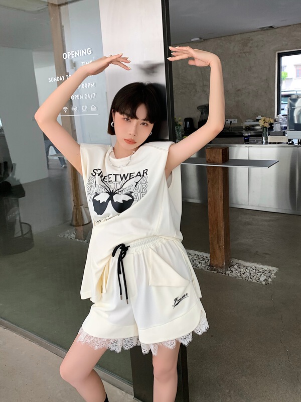 [pink Pinker] letter printed Top + drawstring casual pants set 82416# LSL