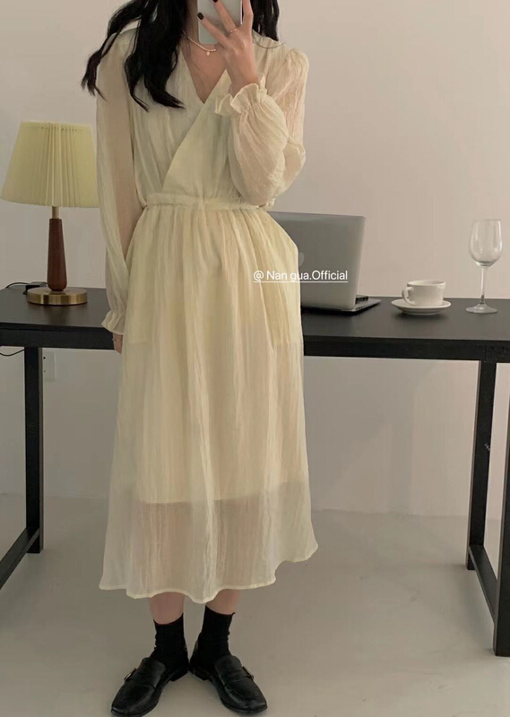 New year in early spring! [Zoe Zoe] Korean V-neck Pleated Dress c175# L