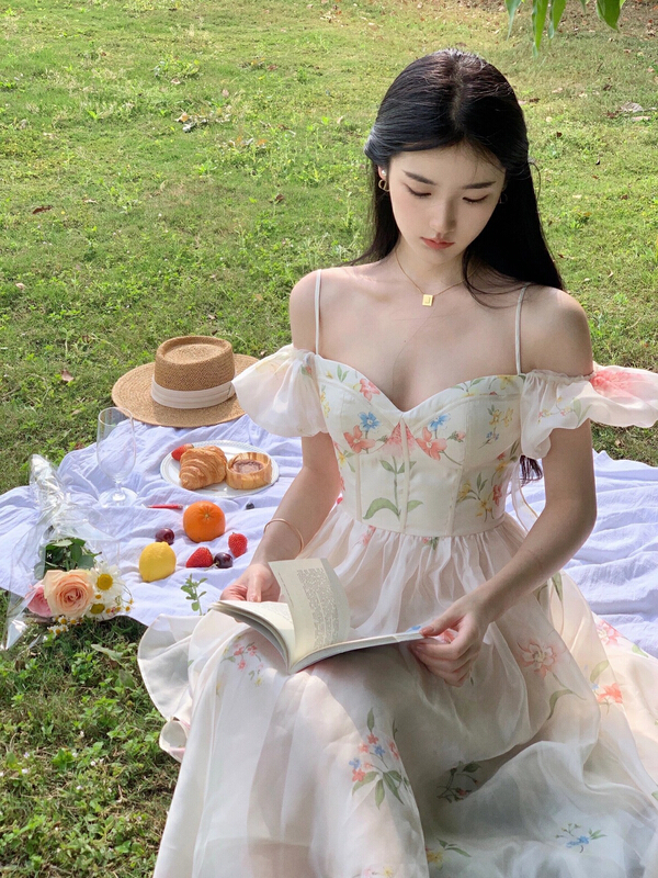 [Xinran] sweet holiday style printed suspender dress 6569# PCZ