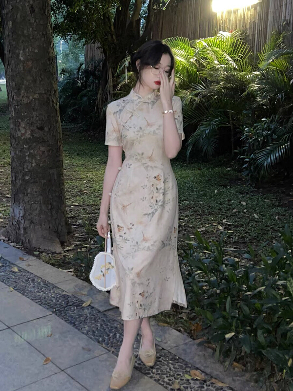 New Chinese style waist closing Chiffon improved cheongsam [by] dress 7727# Cl