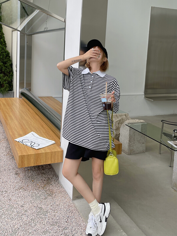 [hm.makai] Korean striped loose medium length polo shirt 923# ozq