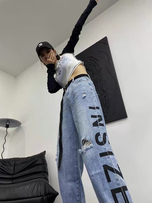 [yuan color] letter printed wide leg jeans 0259# LSW