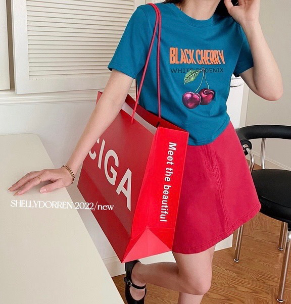 New in early summer! [rich Papa] Korean cherry printed loose short sleeve T-shirt t250# zxx