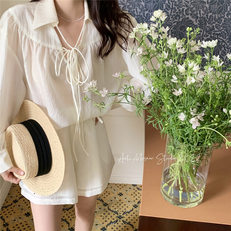 [retain] strap simple Pullover loose long sleeved shirt + elastic waist comfortable casual suit 226112# lwy