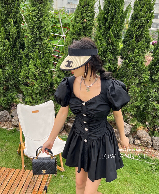 [how and me Cheng Xi] temperament solid color breasted dress 7083# LSL