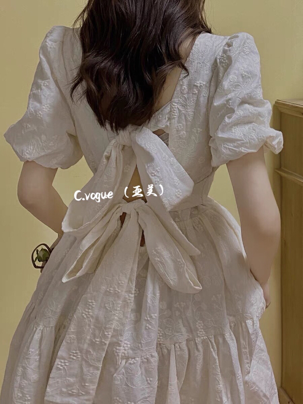 New in early summer! [c.vogue] French style square neck open back lace up dress 02908# PCZ