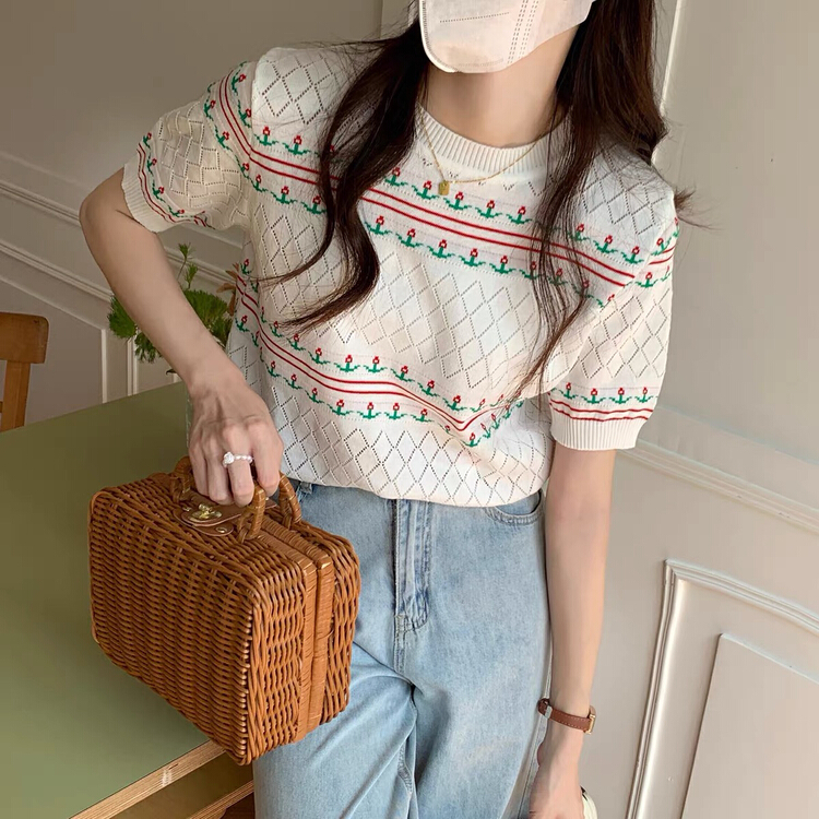 [blue show] Vintage small flower hollowed out loose knit 6083# LSW