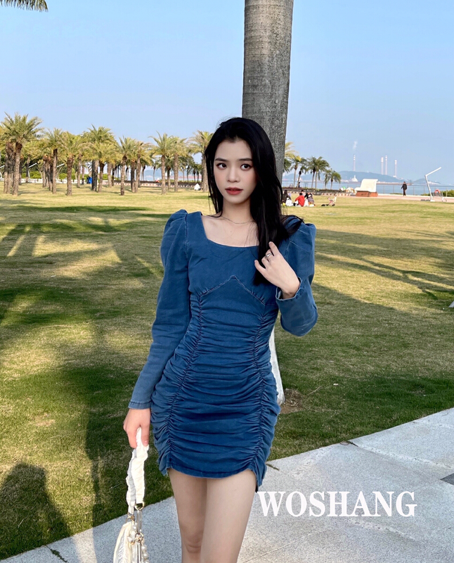 New year in early spring! [woshang woshang] square neck Ruffle blue Korean versatile slim dress 1121# XYJ