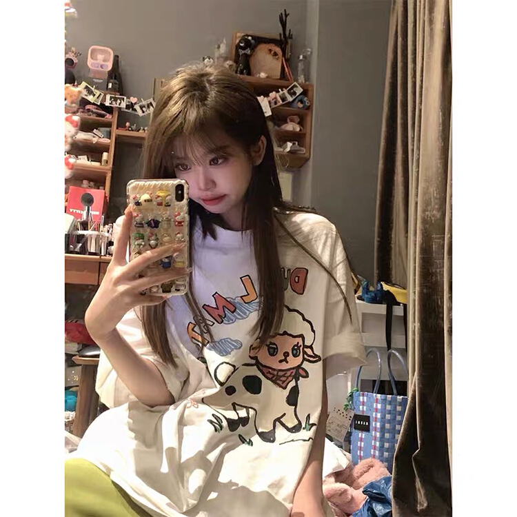 New year in early spring! [miss Xi Xi] lamb print versatile short sleeve T-shirt 193# Cl