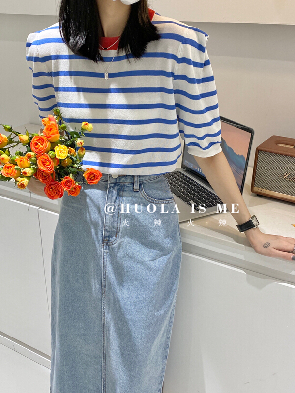 New in early summer! [hot Huola is me] contrast stripe casual aging short sleeve T-shirt 7556# cqw