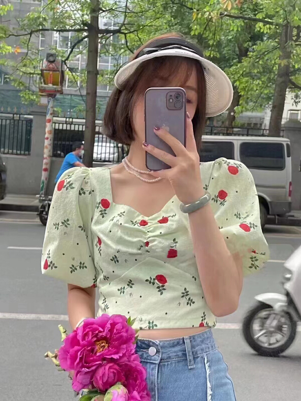 [CTH] French retro square neck floral back bow blouse 8873# cqw