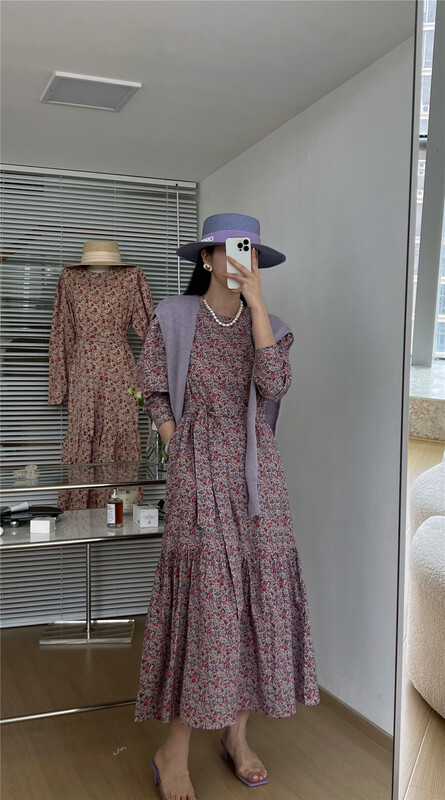 [sunshine] Korean floral waist closing dress (with belt) (without shawl) 9501# cqw