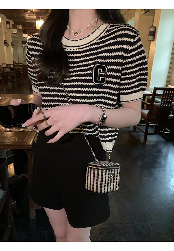 [only love] Korean stripe contrast color knitted short sleeve T-shirt 516# zxl