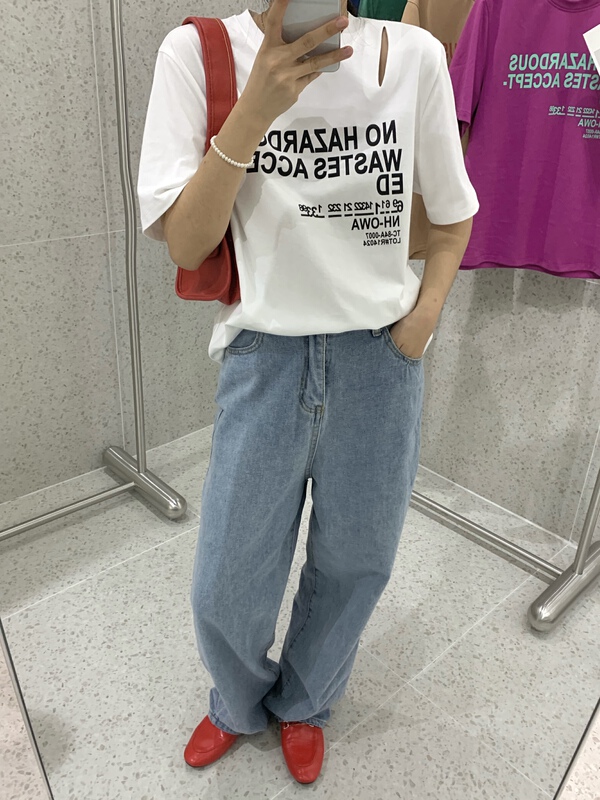 goods in stock! New year in early spring! [meet + studio] letter print hollow out design loose short sleeve T-shirt 52316# LSL