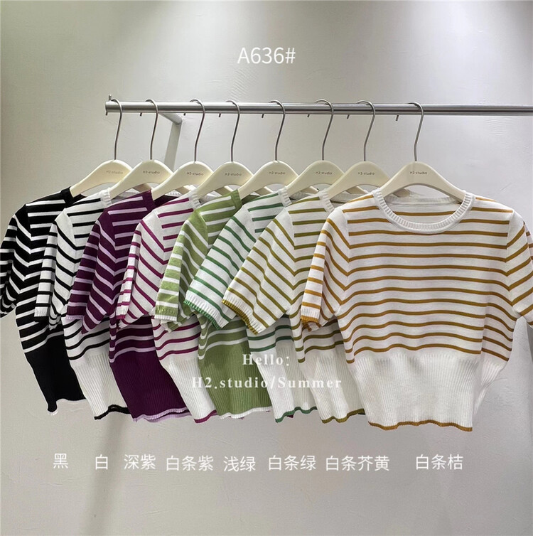 New in early summer! [h2-studio] simple casual stripe short sleeve T-shirt a636# HBx