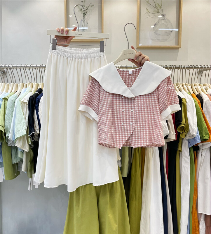 [Max original] checked sokker blouse + temperament versatile elastic waist skirt suit 98206# HBx